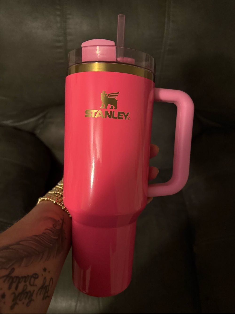 Stanley Pink Travel Mug with Handle and Straw
